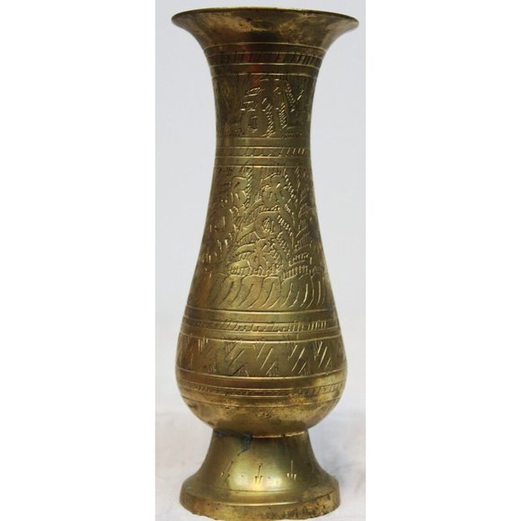 Vtg Solid Brass Metal Mini Bud Flower Vase Indian Etching Design Art Home Decor - Picture 4 of 11